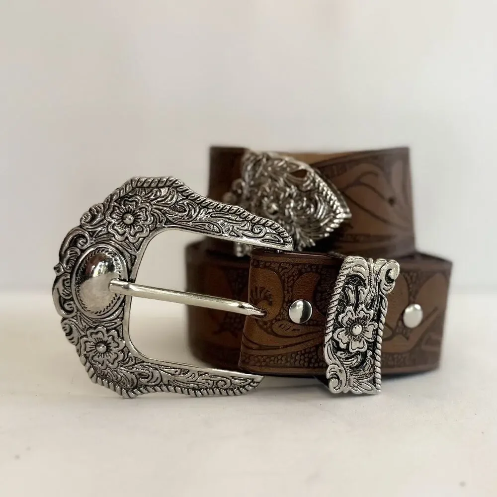 Y2K Brown Leather Belt Silver Buckle Adjustable Fit 26-36